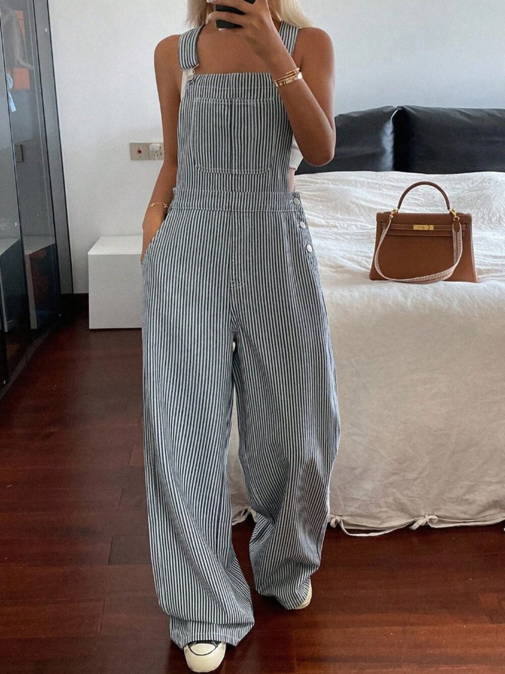 Blue Casual Women's Striped Denim Bib Pants